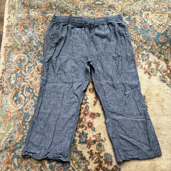 L.L. Bean 100% Linen Cropped Wide Leg Pants Sz 26W Pull On Chambray Blue Beachy - Picture 1 of 7
